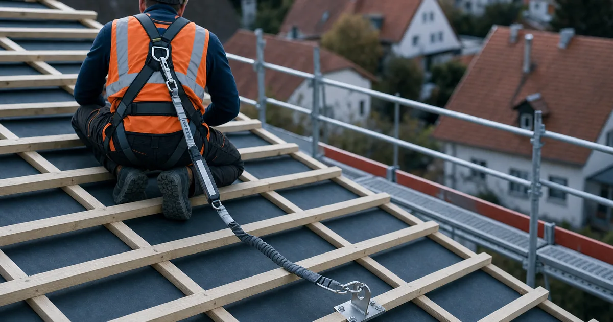 PSA gegen Absturz: Auffanggurt mit Verbindungsmittel und Falldämpfer am Anschlagpunkt auf der Dachlattung