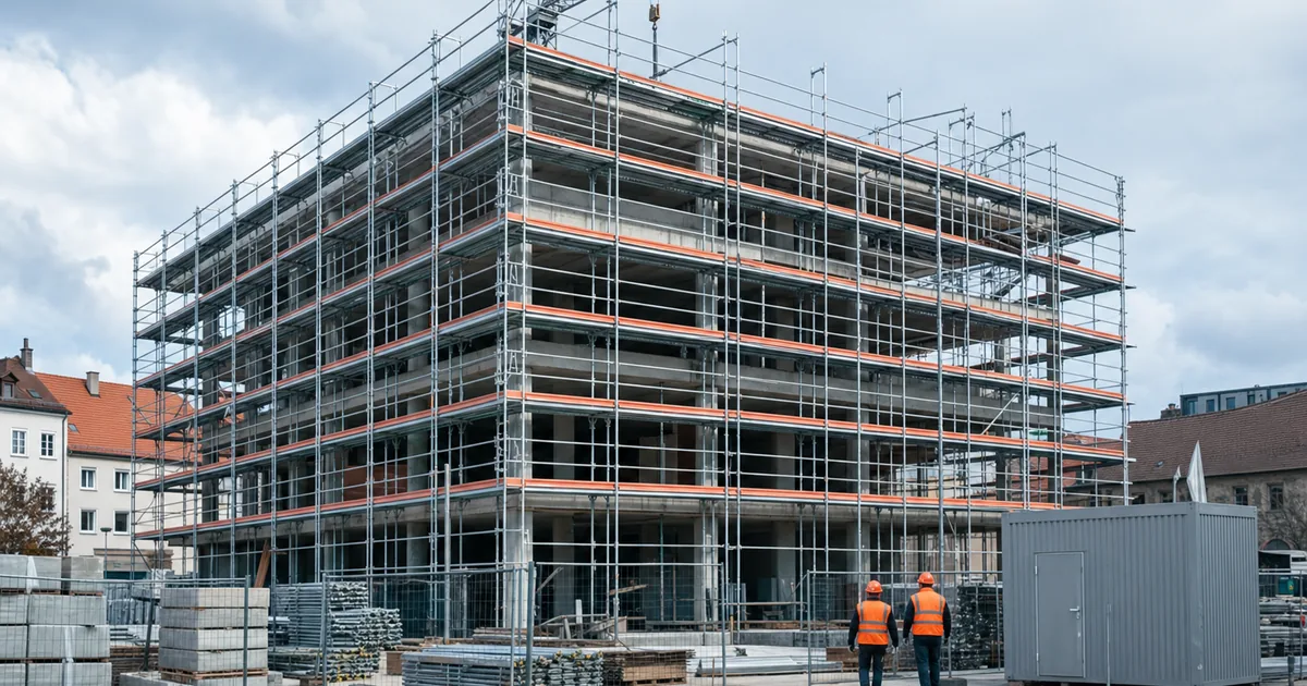 Volle Auftragsbücher: Rohbau eines Gewerbebaus mit Gerüst und Kran