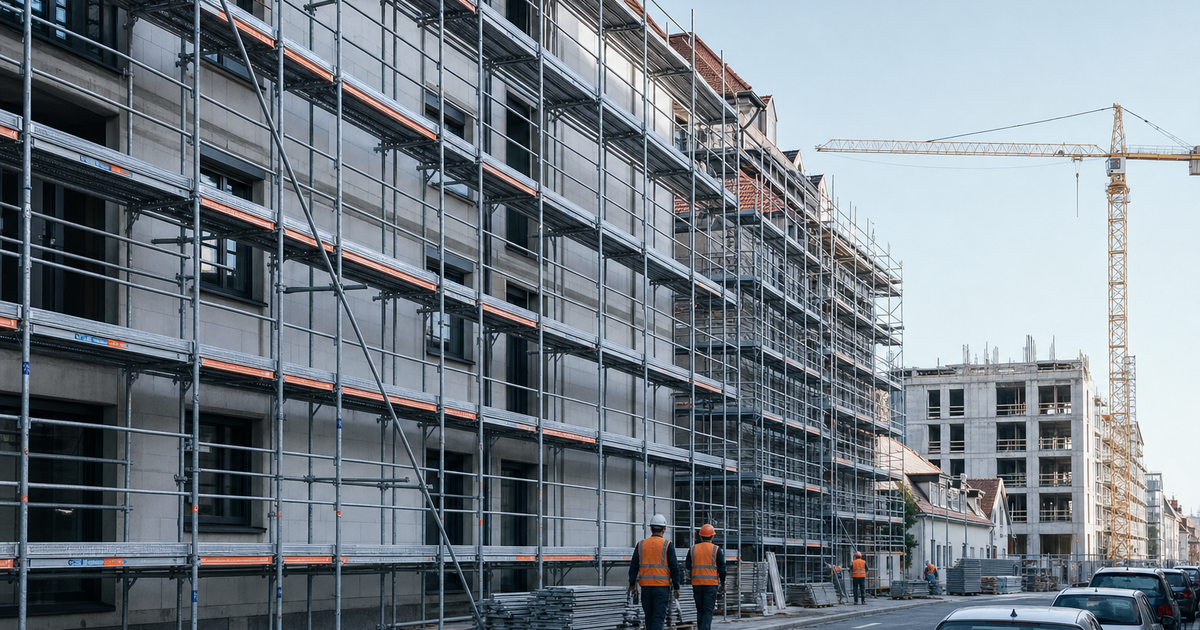 Bau-Boom in Bayern: eingerüstete Fassaden und Kran über einem Neubau in dichter Stadtlage