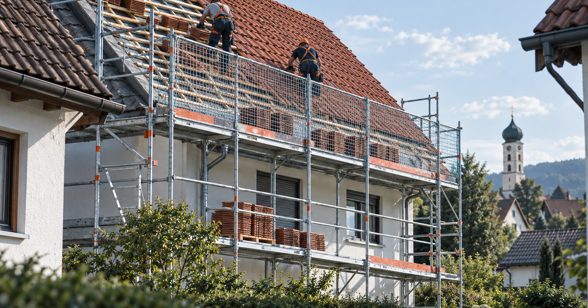 Symbolbild: Eingerüstetes Wohnhaus in Bayern mit Schutzwand an der Traufe; zwei Dachdecker, von hinten zu sehen, decken das Dach neu ein