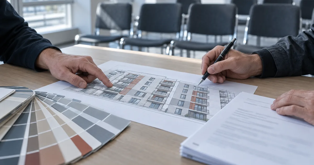 Farbfächer, Fassadenzeichnung eines Wohnhauses mit Gerüst und ein mehrseitiges Angebot auf dem Tisch eines Versammlungsraums; von zwei Personen sind nur Hände und Unterarme zu sehen
