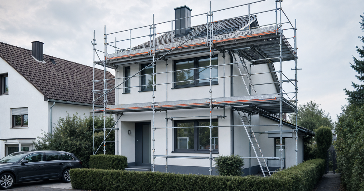 Einfamilienhaus mit Fassadengerüst in einer Wohnsiedlung