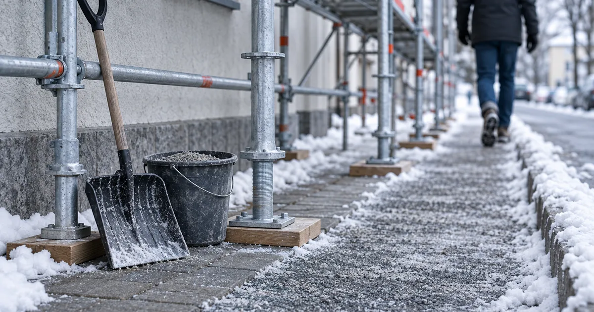 Symbolbild: Gerüstfüße auf Holzunterlagen am verschneiten Gehweg, daneben eine geräumte und gestreute Spur bis zum Bordstein, an der Hauswand Schneeschieber und Eimer mit Splitt, im Hintergrund eine Person von hinten