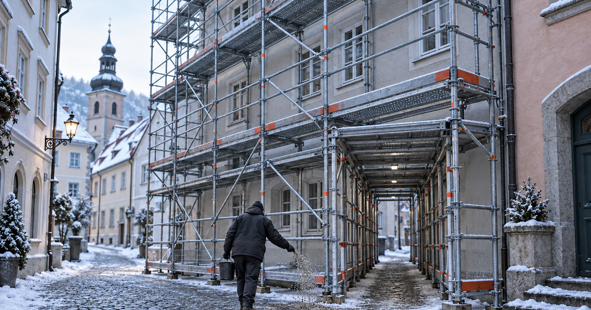 Symbolbild: Gerüst mit überdachtem Fußgängerdurchgang in einer verschneiten Altstadtgasse; davor streut eine Person, von hinten zu sehen, Splitt