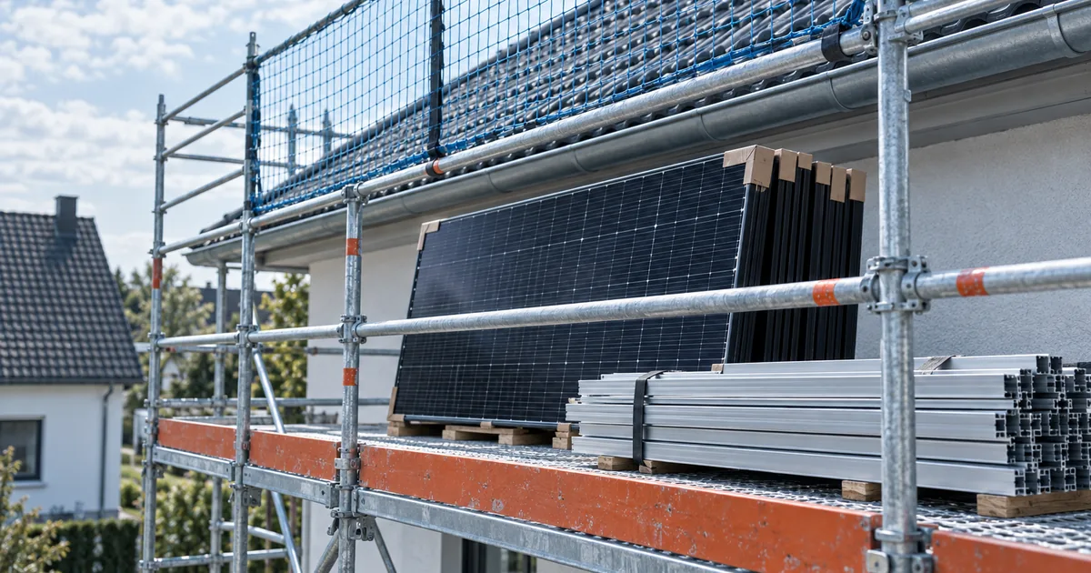 Stapel schwarzer Photovoltaikmodule und Montageschienen auf dem obersten Gerüstbelag eines Fassadengerüstes an einem Einfamilienhaus, darüber das Schutznetz am Dachrand