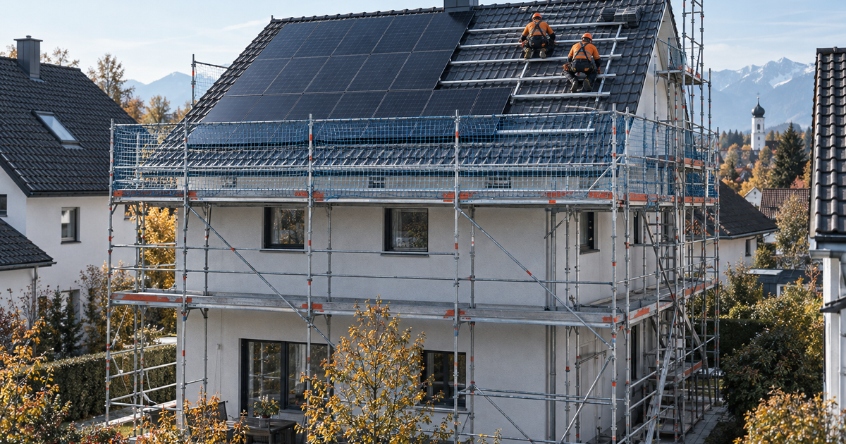 PV-Montage auf dem Steildach: Fassadengerüst mit Dachfanglage sichert die Traufe