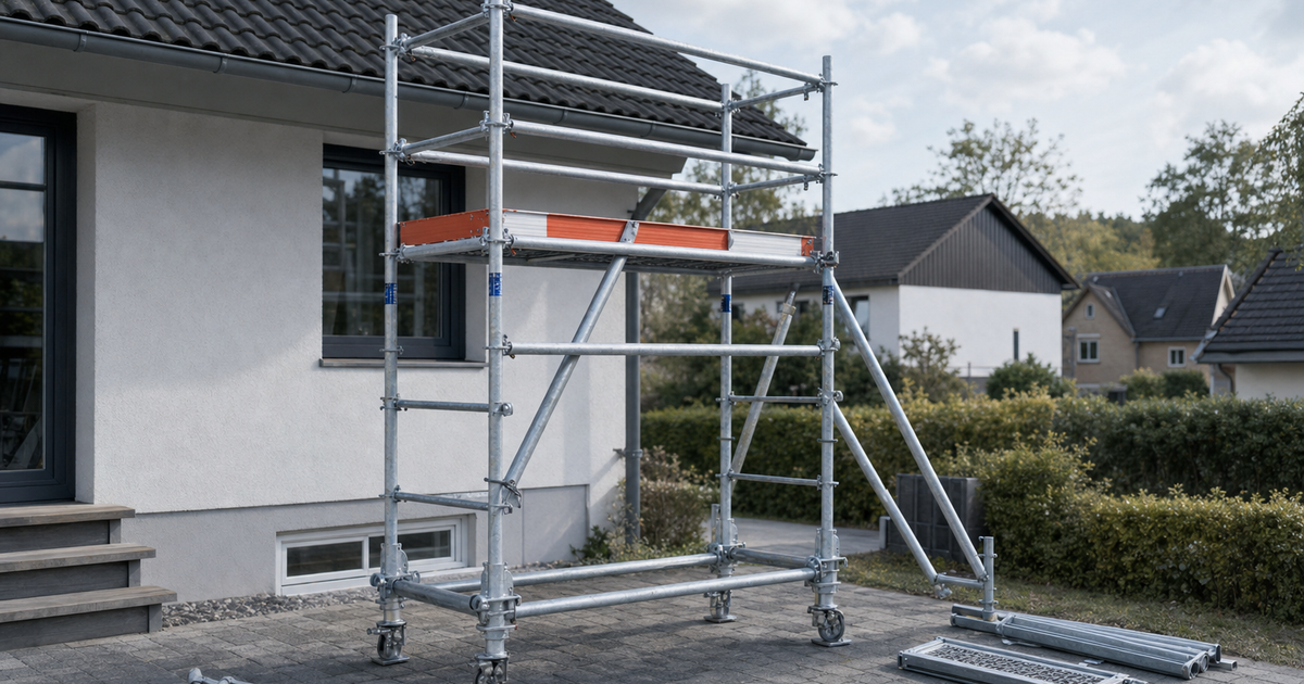 Fahrgerüst (Rollgerüst) im Aufbau an einem Wohnhaus