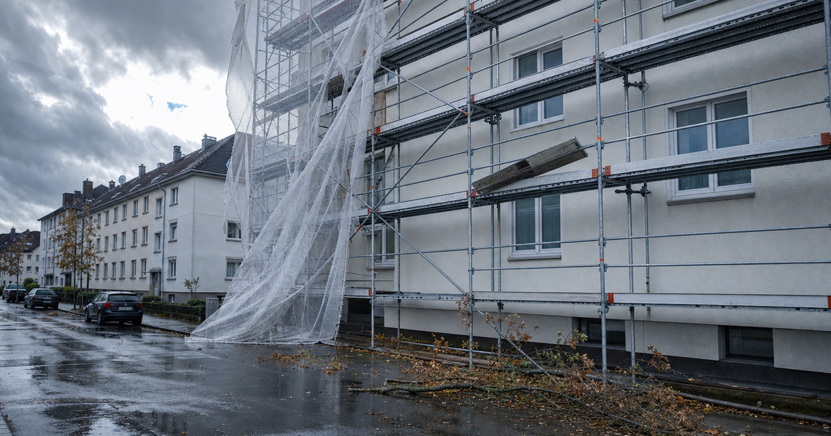 Morgen nach dem Sturm: gelöstes Gerüstnetz und ein verschobener Gerüstbelag an der Fassade
