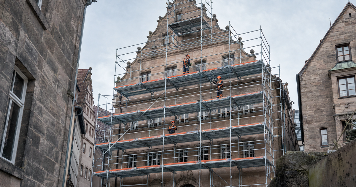 Eingerüstete Sandstein-Altstadtfassade in Franken/Schwaben