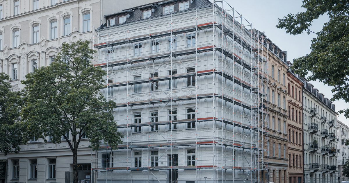 Eingerüstetes Münchner Gründerzeit-Wohnhaus in dichter Stadtlage