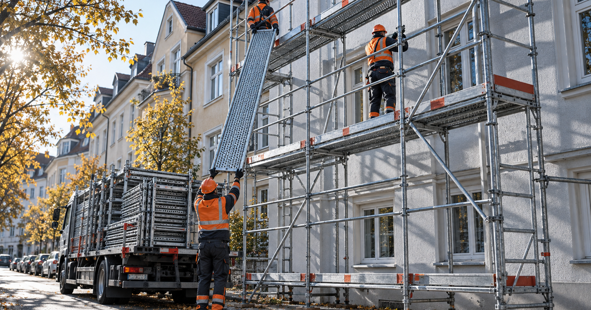 Gerüstbauer-Kolonne beim Aufbau eines Fassadengerüsts an einem Mehrfamilienhaus