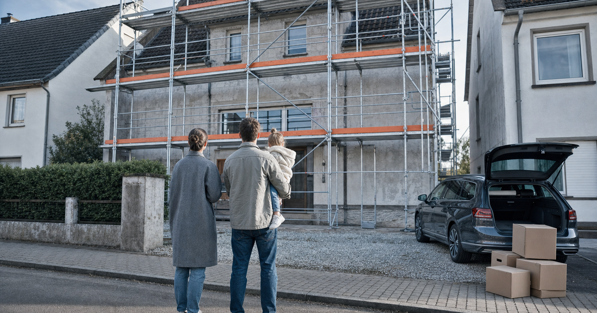 Jung kauft Alt: Junge Familie vor ihrem frisch gekauften Altbau mit Sanierungsgerüst