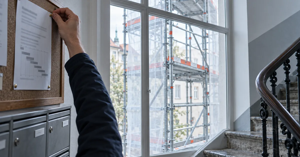 Aushang mit einem Bauzeitenplan im Treppenhaus eines Altbaus, vor dem Fenster ein Fassadengerüst mit Schutznetz