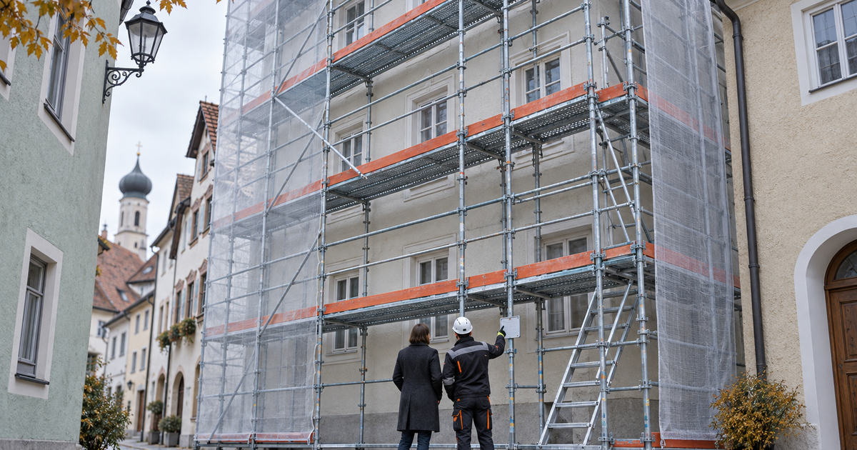 Symbolbild: Bauherr und Monteur stehen am Fuß eines eingerüsteten Stadthauses in einer bayerischen Altstadtgasse, beide von hinten zu sehen, am Schild der Gerüstkennzeichnung